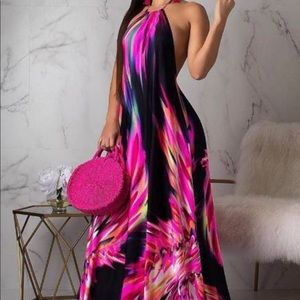Halter Colorful Print Open Back Maxi Dress